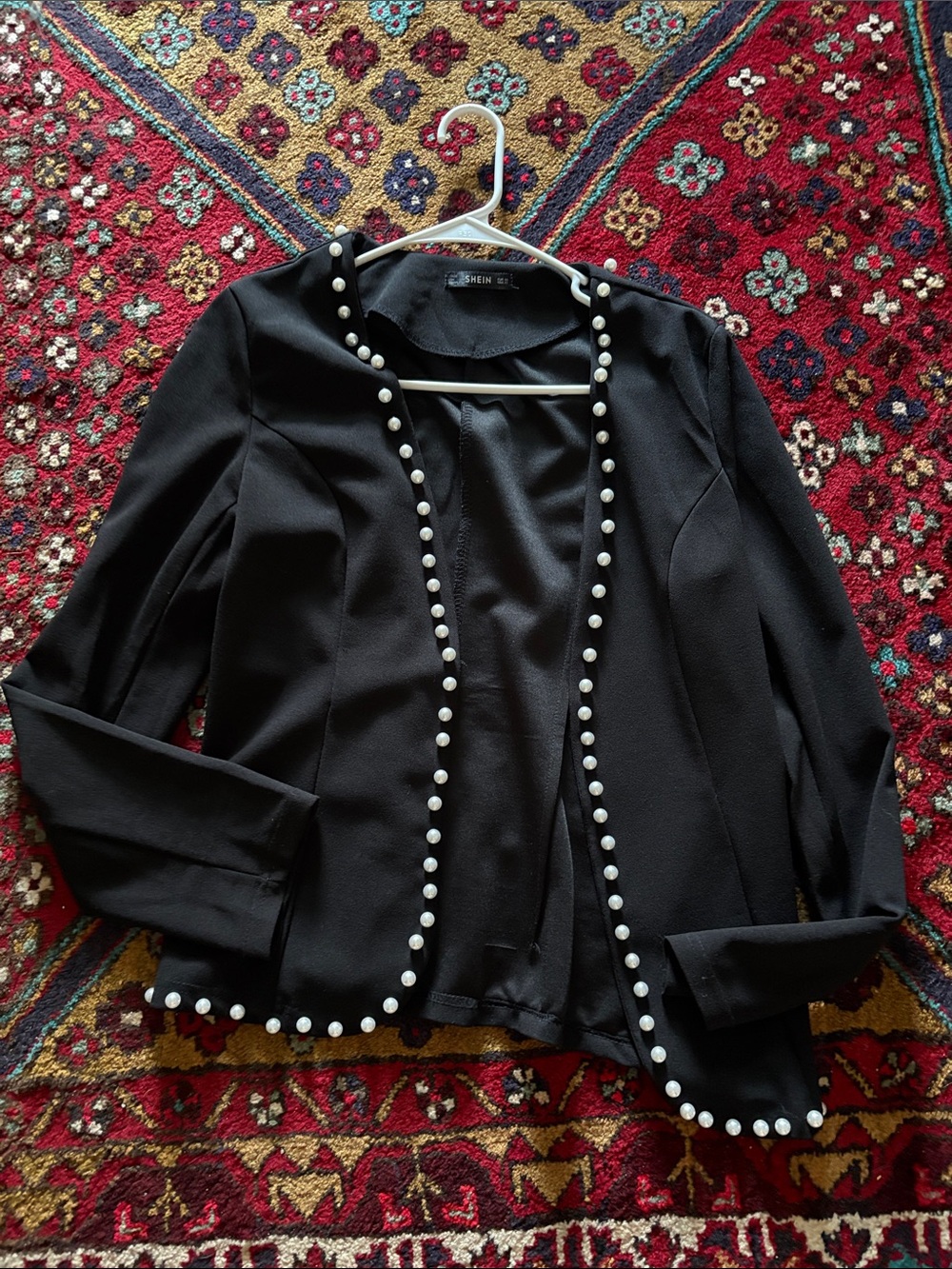 SHEIN Black Pearl-Trim Open Blazer Jacket